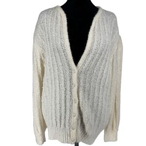 Vintage Womens Boucle Knit Pearl Button Cardigan Sweater 2X Cream Puff Sleeve